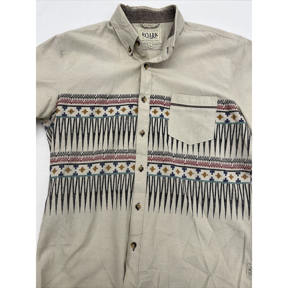 Roark Button Up Shirt Mens LARGE Tan Short Sleeve Striped Aztec Classic Fit (S1)